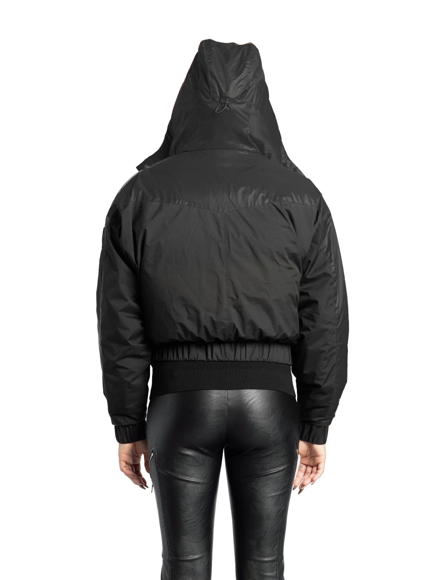 Aspen Women's Batwing Jacket in hip length, premium stretch ripstop and cire technical nylon taffeta fabrication, Premium Canadian White Duck Down insulation, non-removable down-filled hood, centre front two-way zipper, winged arm detailing, in Black