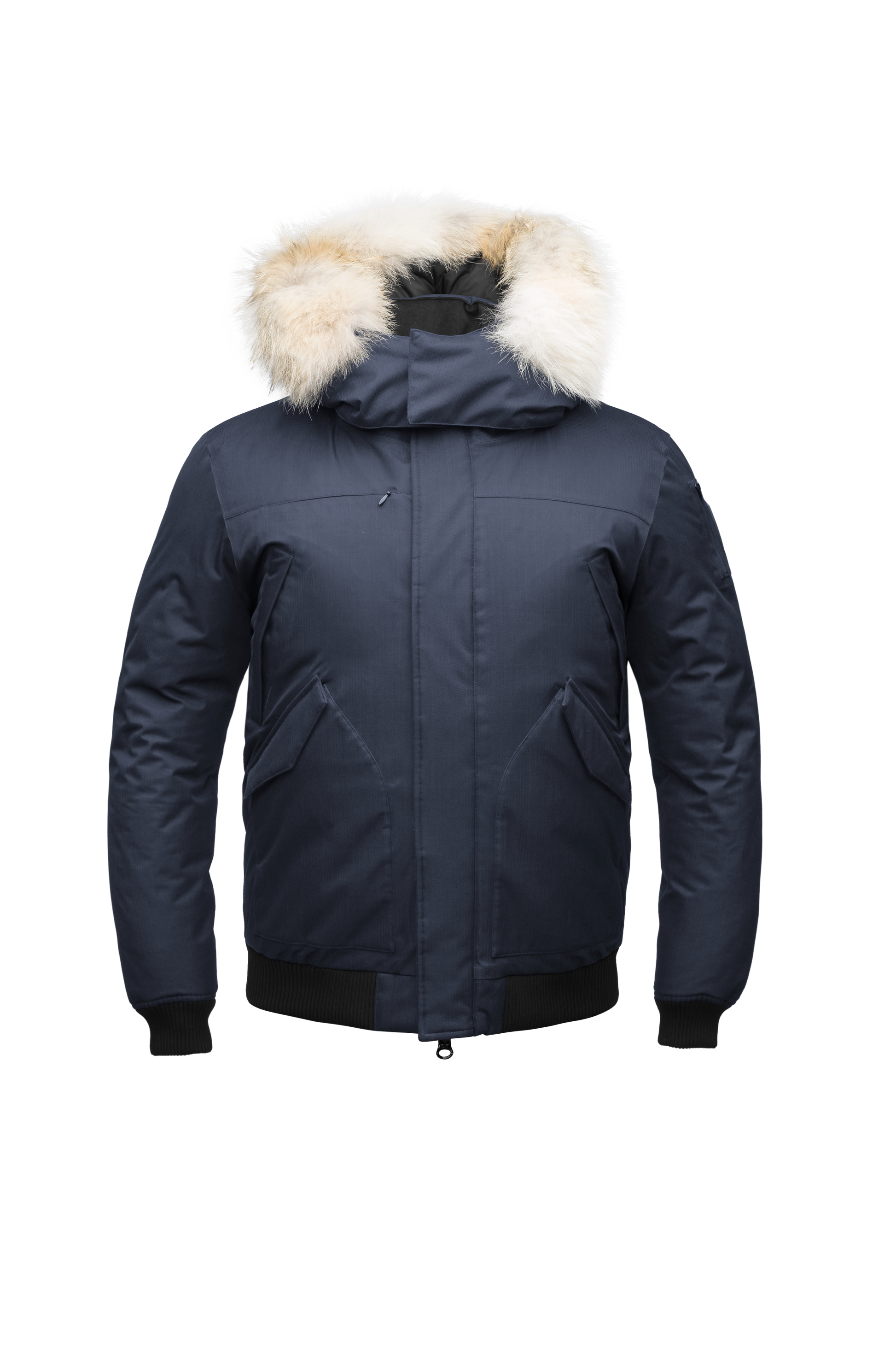 Men's classic down filled bomber jacket with a down filled hood that features a removable coyote fur trim and concealed moldable framing wire in Navy