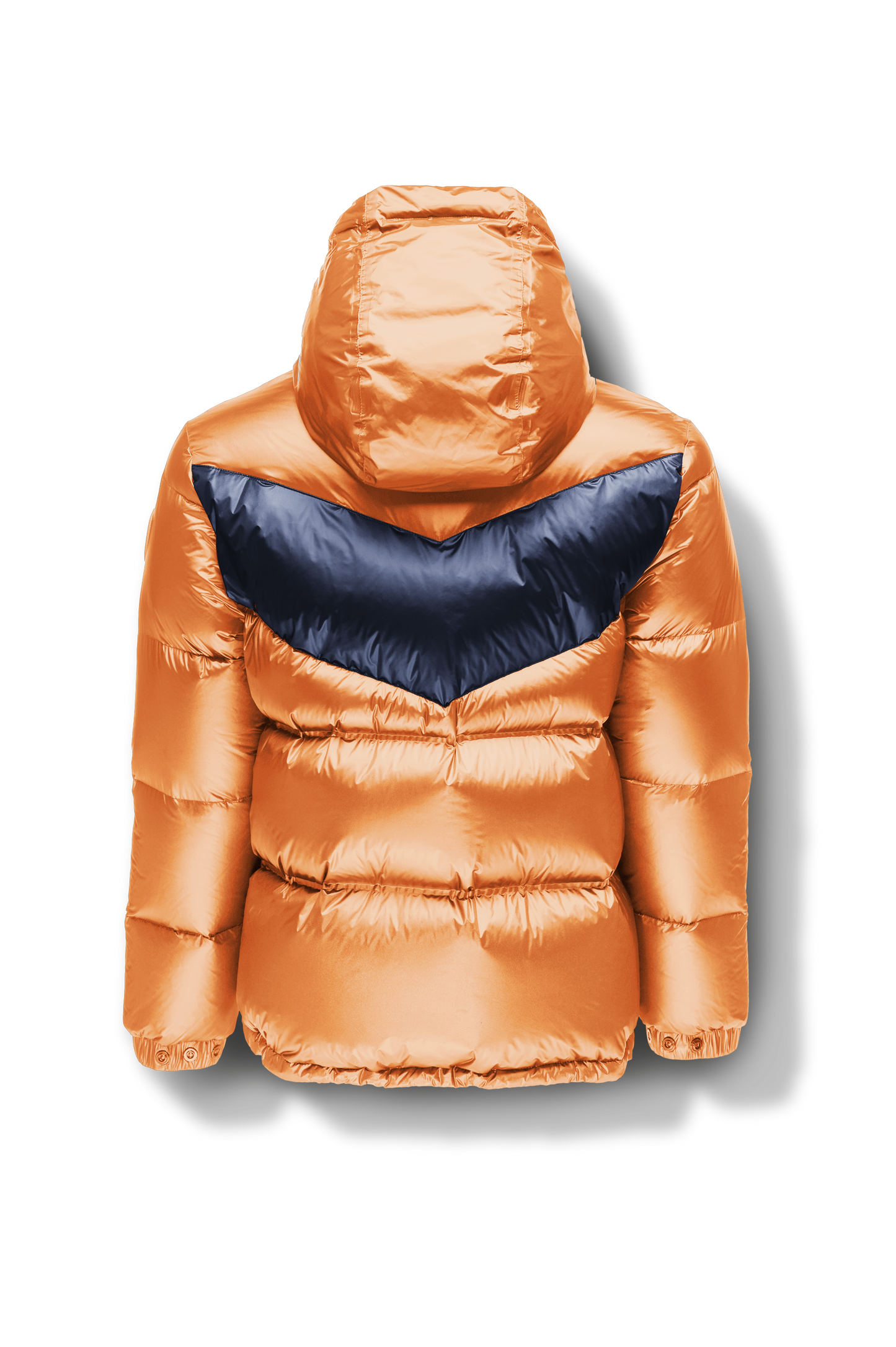 Dyna Men's Chevron Quilted Puffer Jacket in hip length, premium cire technical nylon taffeta fabrication, Premium Canadian origin White Duck Down insulation, non-removable down-filled hood, two-way centre-front zipper, fleece-lined zipper pockets at waist, pit zipper vents, in Burnt Orange