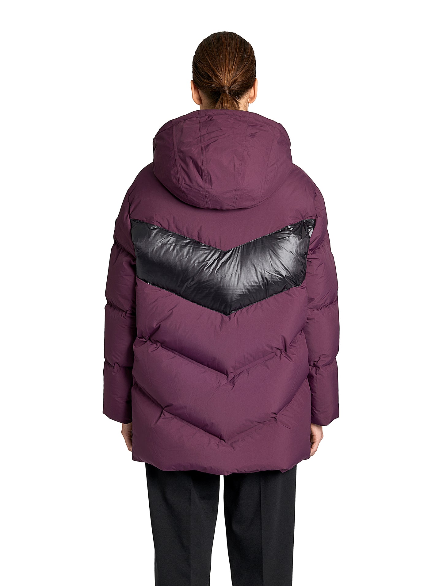 Isla Women's Chevron Quilted Puffer Jacket in thigh length, premium technical nylon taffeta fabrication, Premium Canadian origin White Duck Down insulation, non-removable down-filled hood, two-way centre-front zipper, zipper pockets at waist, contrast cire technical nylon taffeta detailing on chest and back, in Potent Purple