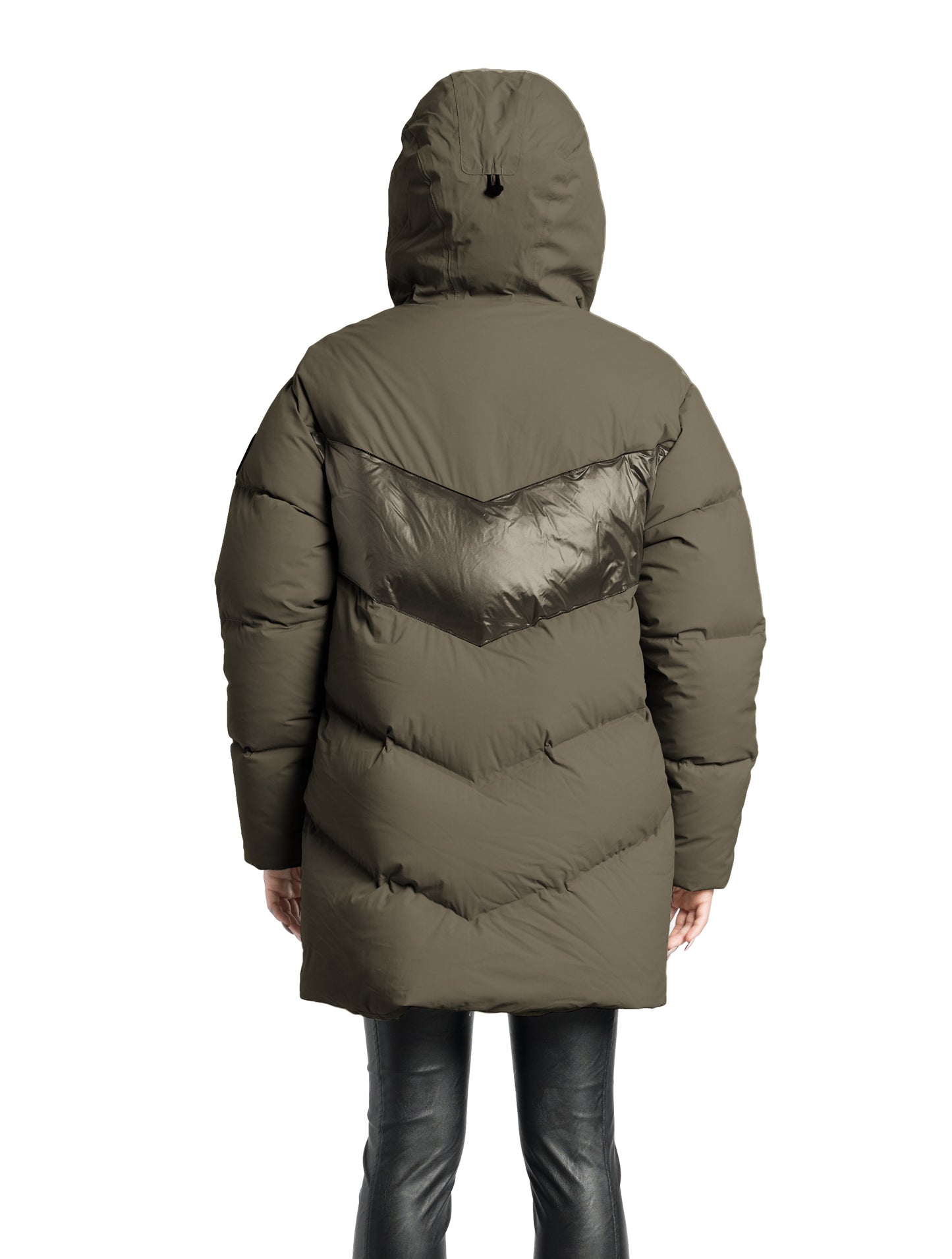 Isla Women's Chevron Quilted Puffer Jacket in thigh length, premium technical nylon taffeta fabrication, Premium Canadian origin White Duck Down insulation, non-removable down-filled hood, two-way centre-front zipper, zipper pockets at waist, contrast cire technical nylon taffeta detailing on chest and back, in Fatigue