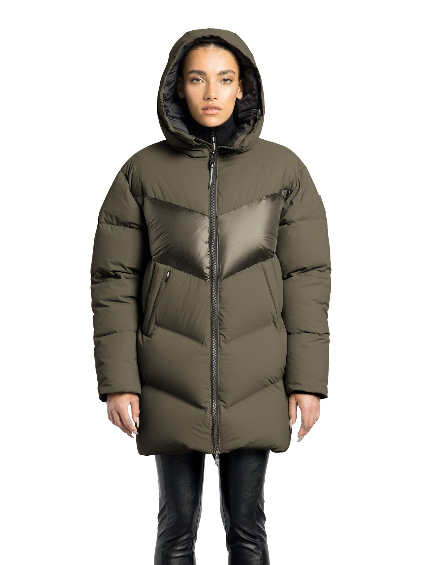 Isla Women's Chevron Quilted Puffer Jacket in thigh length, premium technical nylon taffeta fabrication, Premium Canadian origin White Duck Down insulation, non-removable down-filled hood, two-way centre-front zipper, zipper pockets at waist, contrast cire technical nylon taffeta detailing on chest and back, in Fatigue