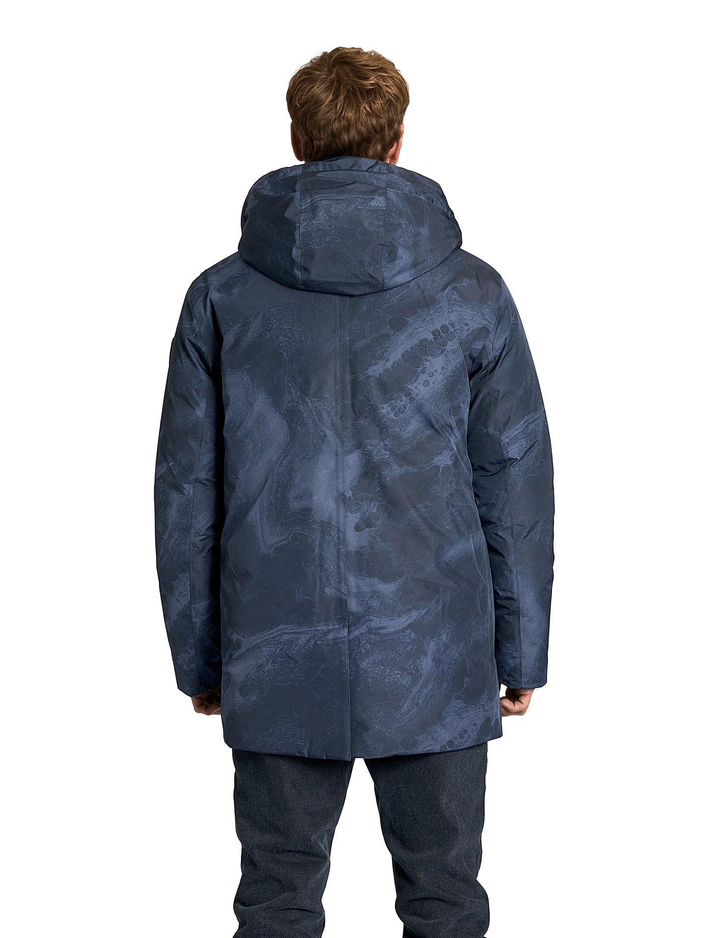 Kason Men's Light Down Parka in thigh length, premium 3-ply micro denier and stretch ripstop fabrication, Premium Canadian origin White Duck Down insulation, non-removable down-filled hood, two-way centre-front zipper, magnetic closure wind flap, fleece-lined pockets at chest and waist, flap pockets at waist, pit zipper vents, in Navy