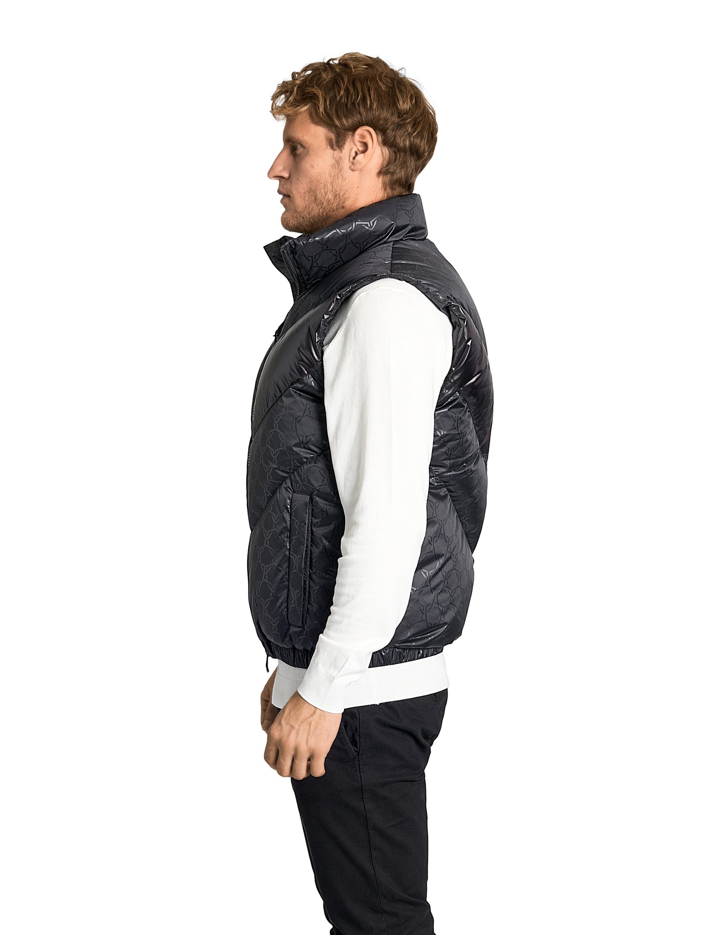 Kylo Men's Chevron Quilted Vest in hip length, premium cire technical nylon taffeta fabrication, Premium Canadian origin White Duck Down insulation, two-way centre-front zipper, fleece-lined pockets at waist, elasticized waistband, in Shield Monogram