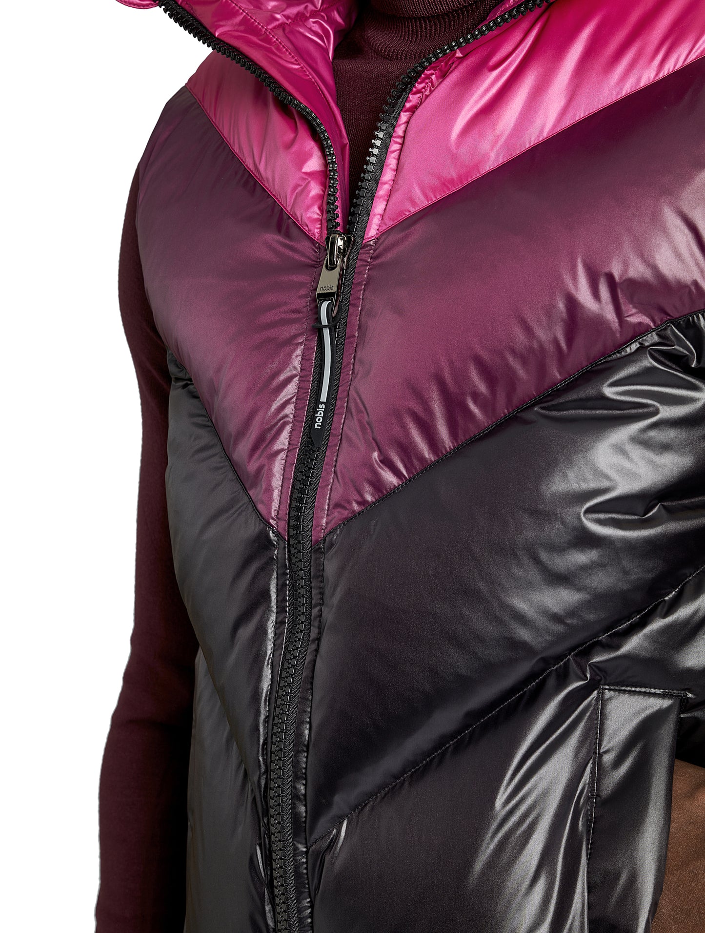 Kylo Men's Chevron Quilted Vest in hip length, premium cire technical nylon taffeta fabrication, Premium Canadian origin White Duck Down insulation, two-way centre-front zipper, fleece-lined pockets at waist, elasticized waistband, in Festival Fuschia/Potent Purple