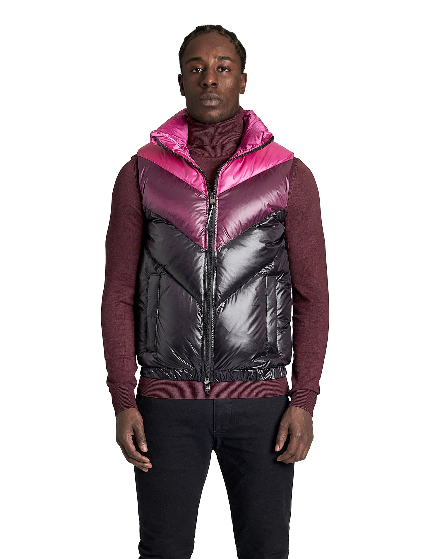 Kylo Men's Chevron Quilted Vest in hip length, premium cire technical nylon taffeta fabrication, Premium Canadian origin White Duck Down insulation, two-way centre-front zipper, fleece-lined pockets at waist, elasticized waistband, in Festival Fuschia/Potent Purple