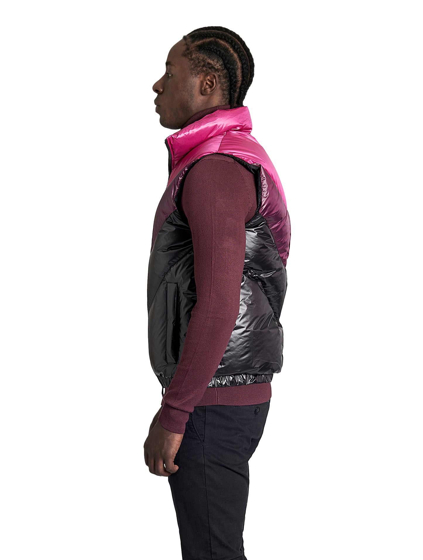 Kylo Men's Chevron Quilted Vest in hip length, premium cire technical nylon taffeta fabrication, Premium Canadian origin White Duck Down insulation, two-way centre-front zipper, fleece-lined pockets at waist, elasticized waistband, in Festival Fuschia/Potent Purple