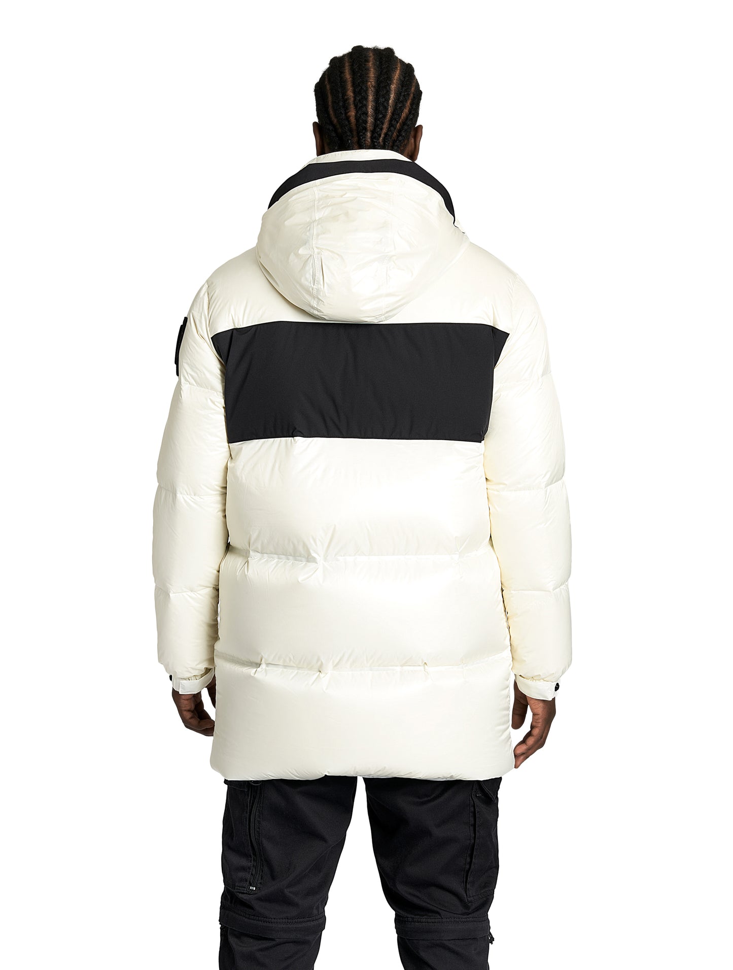 Neelix Men's Long Puffer Jacket in thigh length, premium cire technical nylon taffeta and stretch ripstop fabrication, Premium Canadian origin White Duck Down insulation, non-removable down-filled hood, two-way centre-front zipper, pit zipper vents, hidden chest zipper pockets, fleece-lined magnetic closure waist pockets, in Chalk