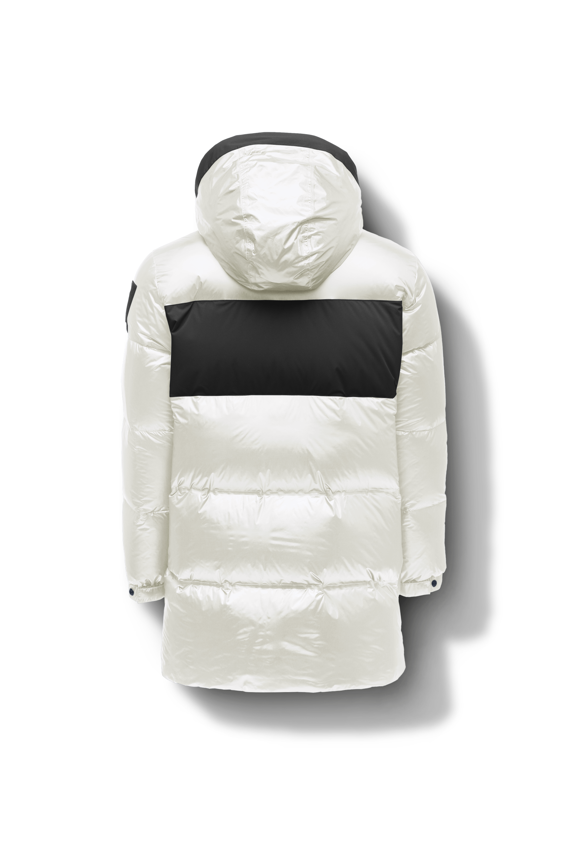 Neelix Men's Long Puffer Jacket in thigh length, premium cire technical nylon taffeta and stretch ripstop fabrication, Premium Canadian origin White Duck Down insulation, non-removable down-filled hood, two-way centre-front zipper, pit zipper vents, hidden chest zipper pockets, fleece-lined magnetic closure waist pockets, in Chalk
