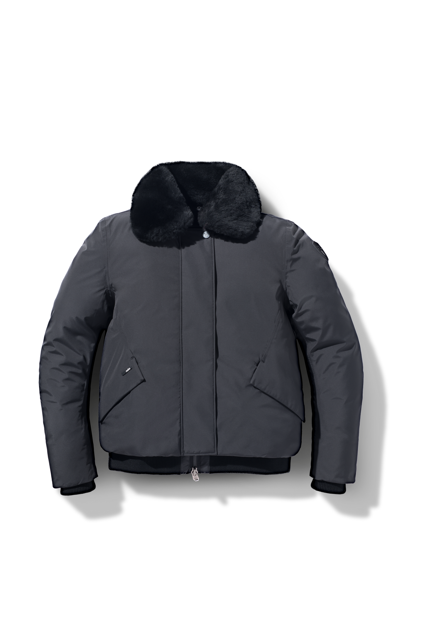 Rae Ladies Aviator Jacket in hip length, Canadian duck down insulation, removable shearling collar with hidden tuckable hood, and two-way front zipper, in Black