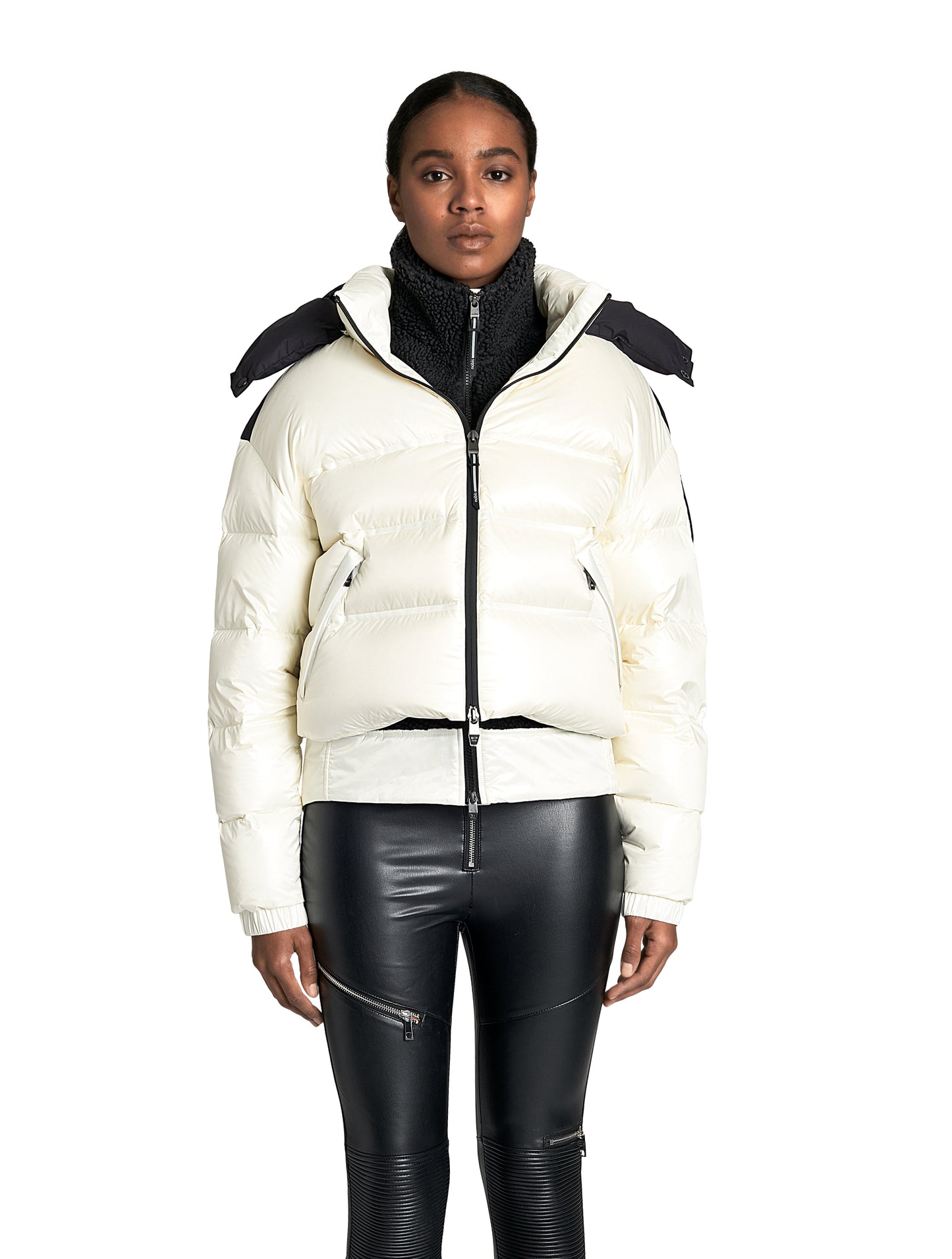 Tempus Women's Performance Short Puffer Jacket in waist length, premium technical nylon taffeta fabrication, Premium Canadian origin White Duck Down insulation, removable down-filled hood, two-way centre-front zipper, fleece-lined zipper pockets at waist, pit zipper vents, in Chalk