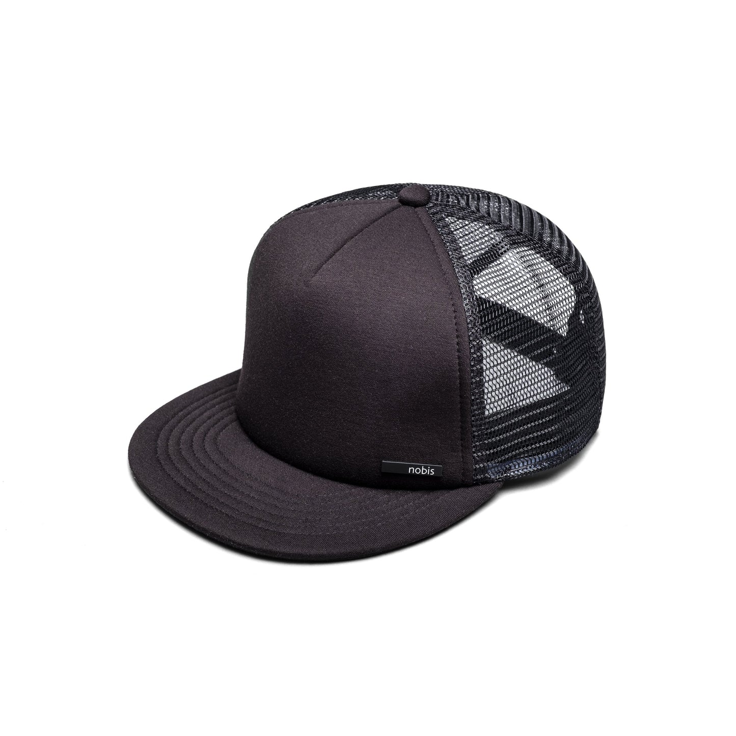 Six panel ball cap with two solid front panels and four mesh back panels in Black