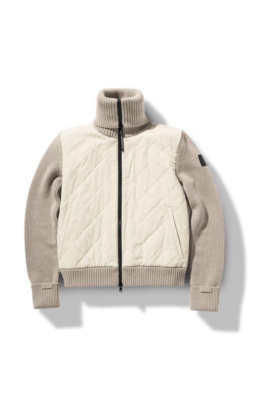 Ada Ladies Quilted Full Zip Sweater in hip length, PrimaLoft Gold Insulation Active+, Durable 4-Way Stretch Weave quilted torso, Merino wool knit collar, sleeves, back, and cuffs, two-way front zipper, and hidden waist pockets, in Wheat