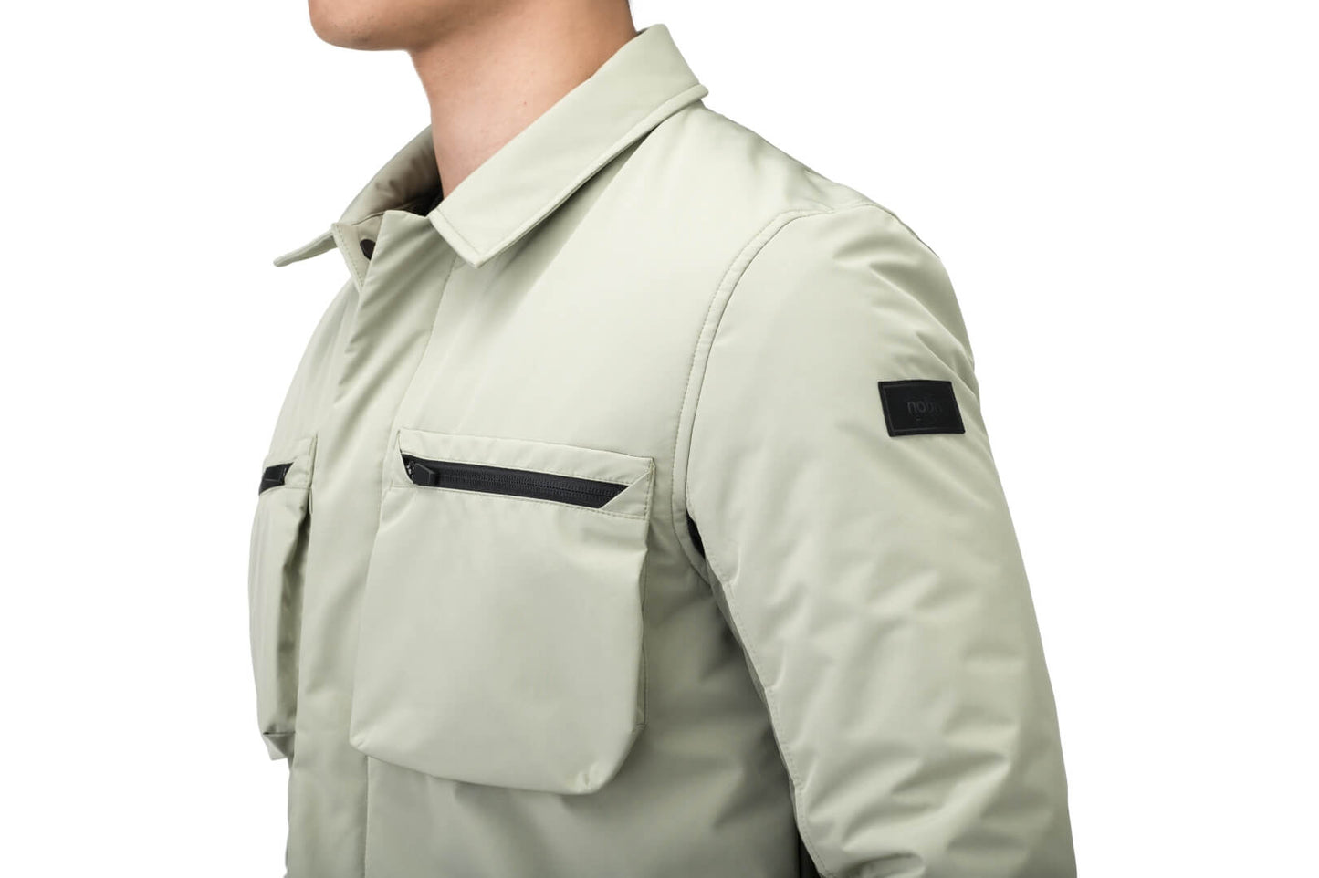 Ander Men's Mid Layer Shirt in hip length, PrimaLoft Gold Insulation Active+, 3-Ply Micro Denier front and 4-Way Durable Stretch Weave back, zipper chest pockets, snap button wind flap, and snap button cuffs, in Tea/Clover