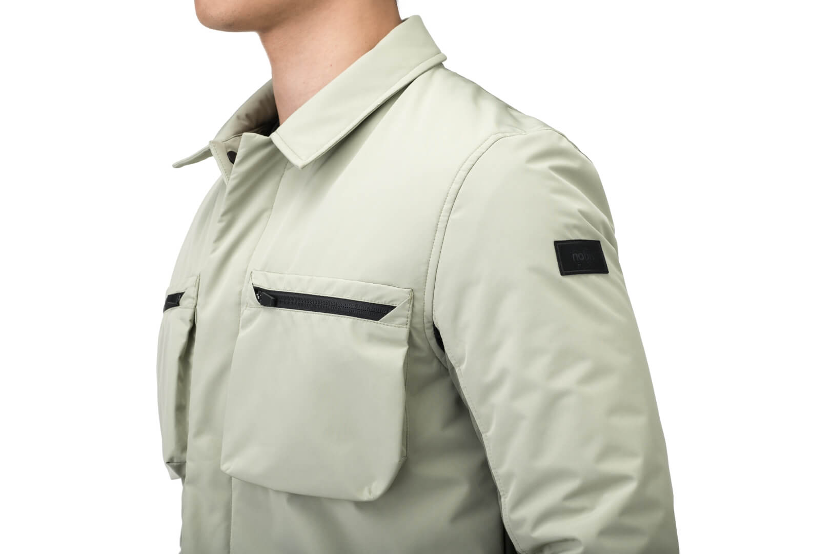 Ander Men's Mid Layer Shirt in hip length, PrimaLoft Gold Insulation Active+, 3-Ply Micro Denier front and 4-Way Durable Stretch Weave back, zipper chest pockets, snap button wind flap, and snap button cuffs, in Tea/Clover