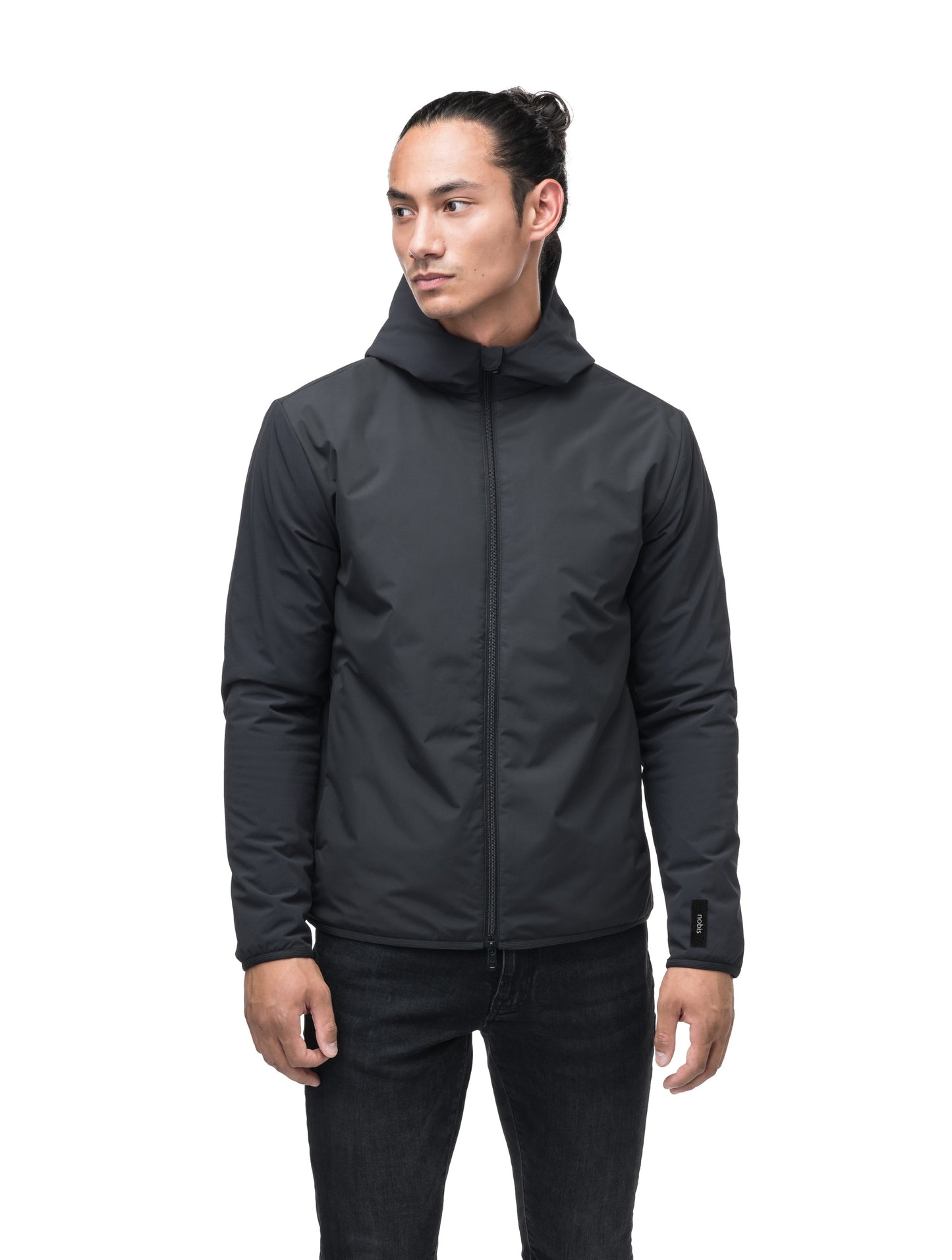 Men's hip length mid layer jacket with non-removable hood and two-way zipper in Chalk