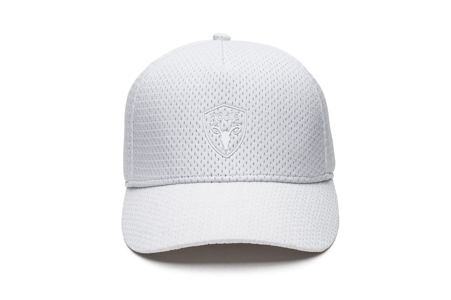 Unisex jersey 5-panel baseball hat with curved brim and adjustable strap at back in White