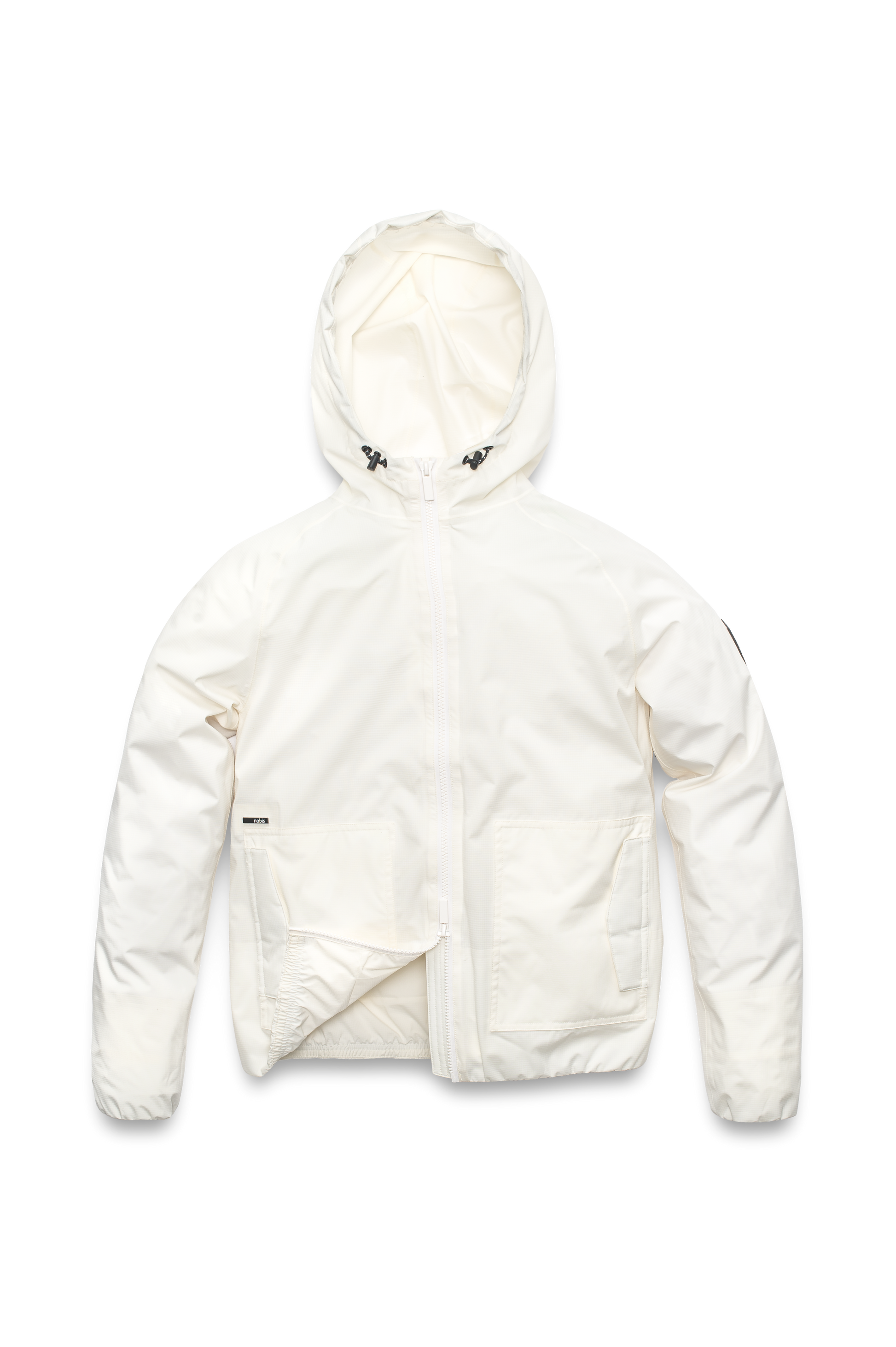 Women's hip length waterproof jacket with non-removable hood and two-way zipper in Chalk