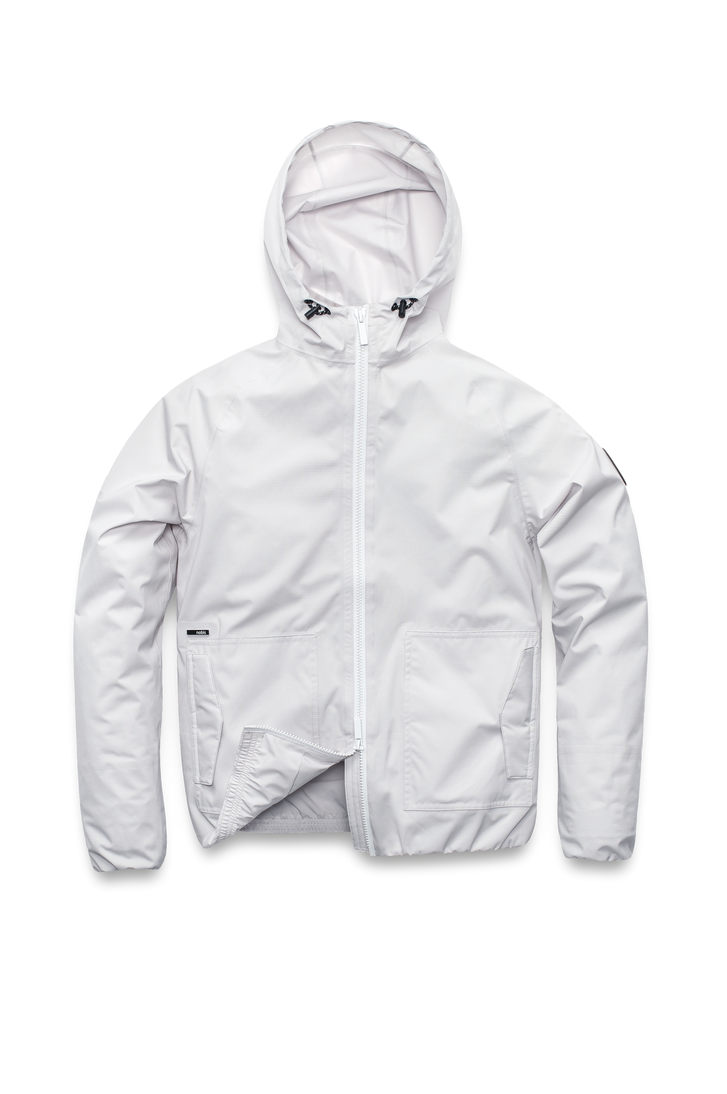 Women's hip length waterproof jacket with non-removable hood and two-way zipper in Light Grey