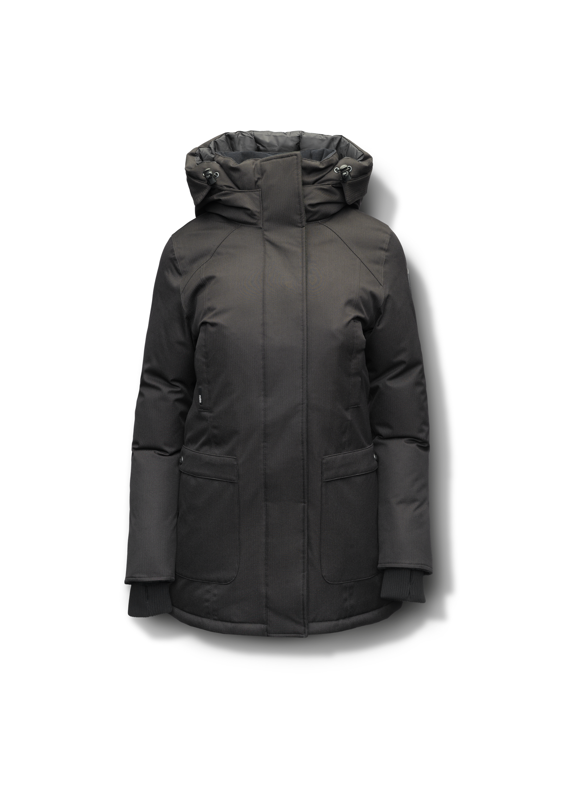 Women's down filled parka that sits just below the hip with a clean look and two hip patch pockets in BlackCarla Furless Ladies Parka in thigh length with Canadian Premium White Duck Down insulation, non-removable hood, centre-front zipper with magnetic closure wind flap, and four exterior pockets, in Black