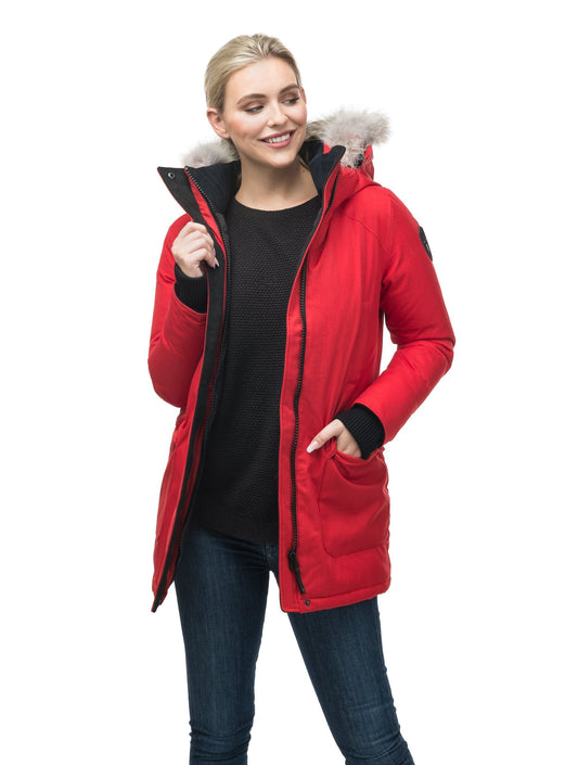 Women's down filled parka that sits just below the hip with a clean look and two hip patch pockets in CH Red