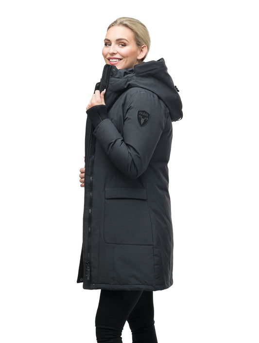 Women's knee length down parka in Cy Black