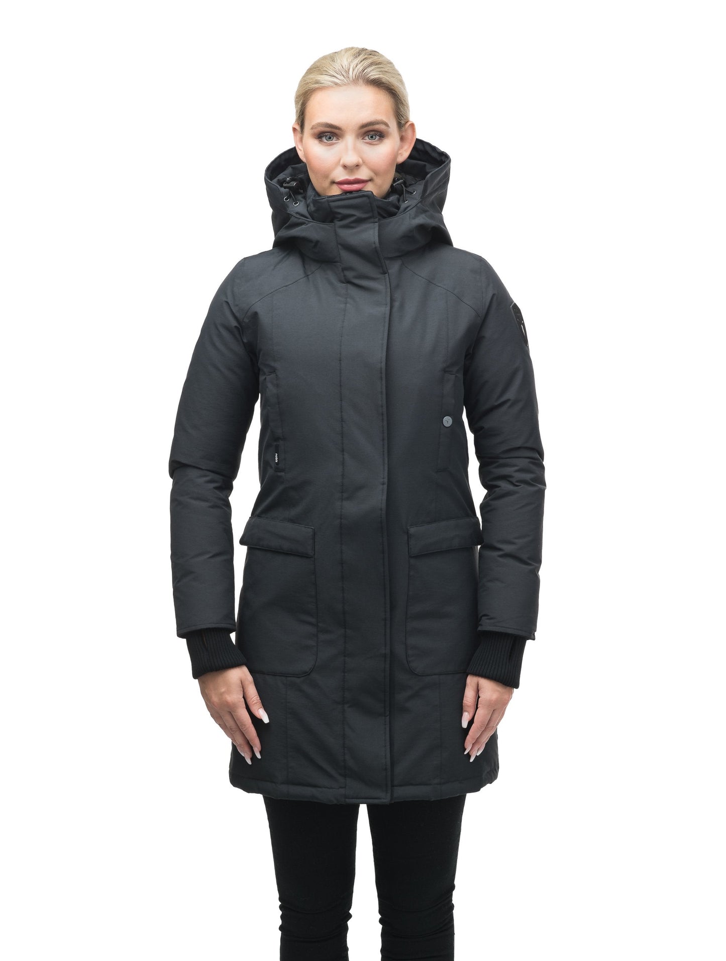 Women's knee length down parka in Cy Black