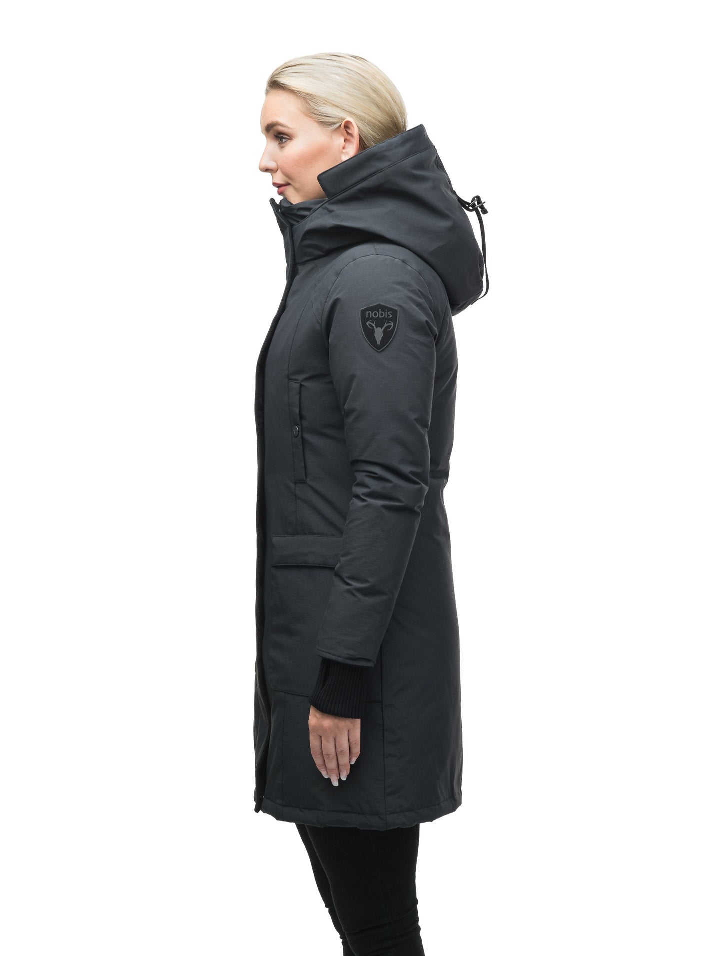 Women's knee length down parka in Cy Black