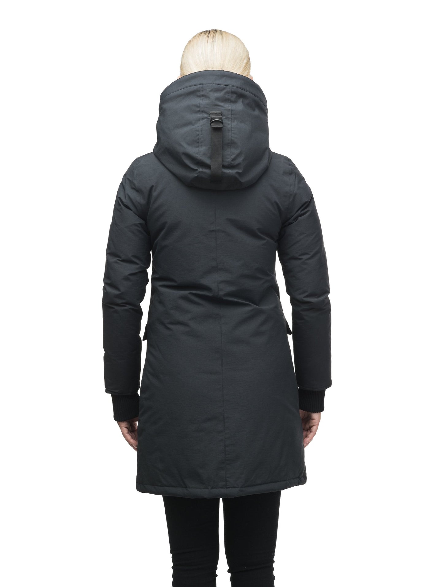 Women's knee length down parka in Cy Black