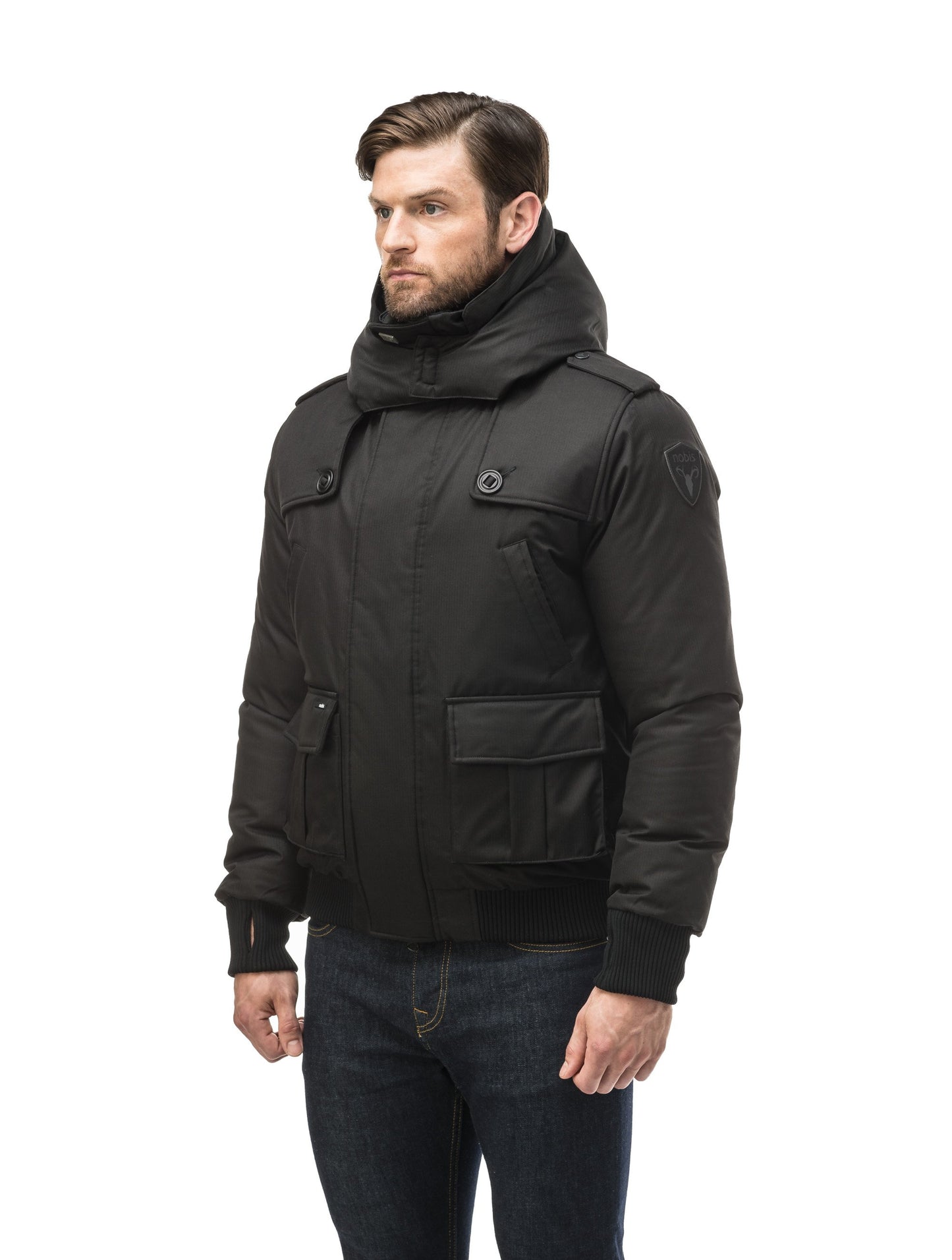 Men's down filled bomber that sits just above the hips with a completely removable hood that's windproof, waterproof, and breathable in Black