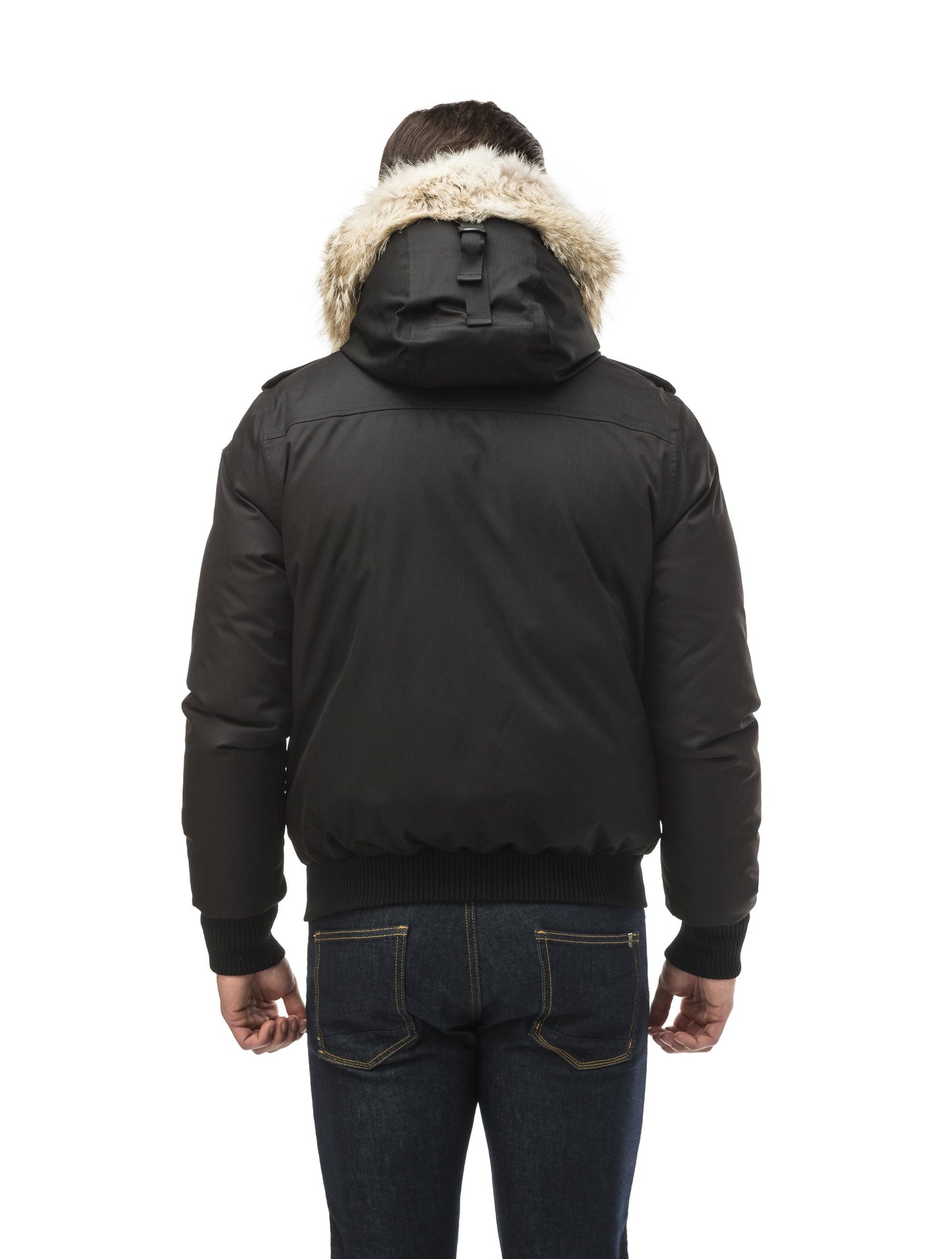 Men's down filled bomber that sits just above the hips with a completely removable hood that's windproof, waterproof, and breathable in Black