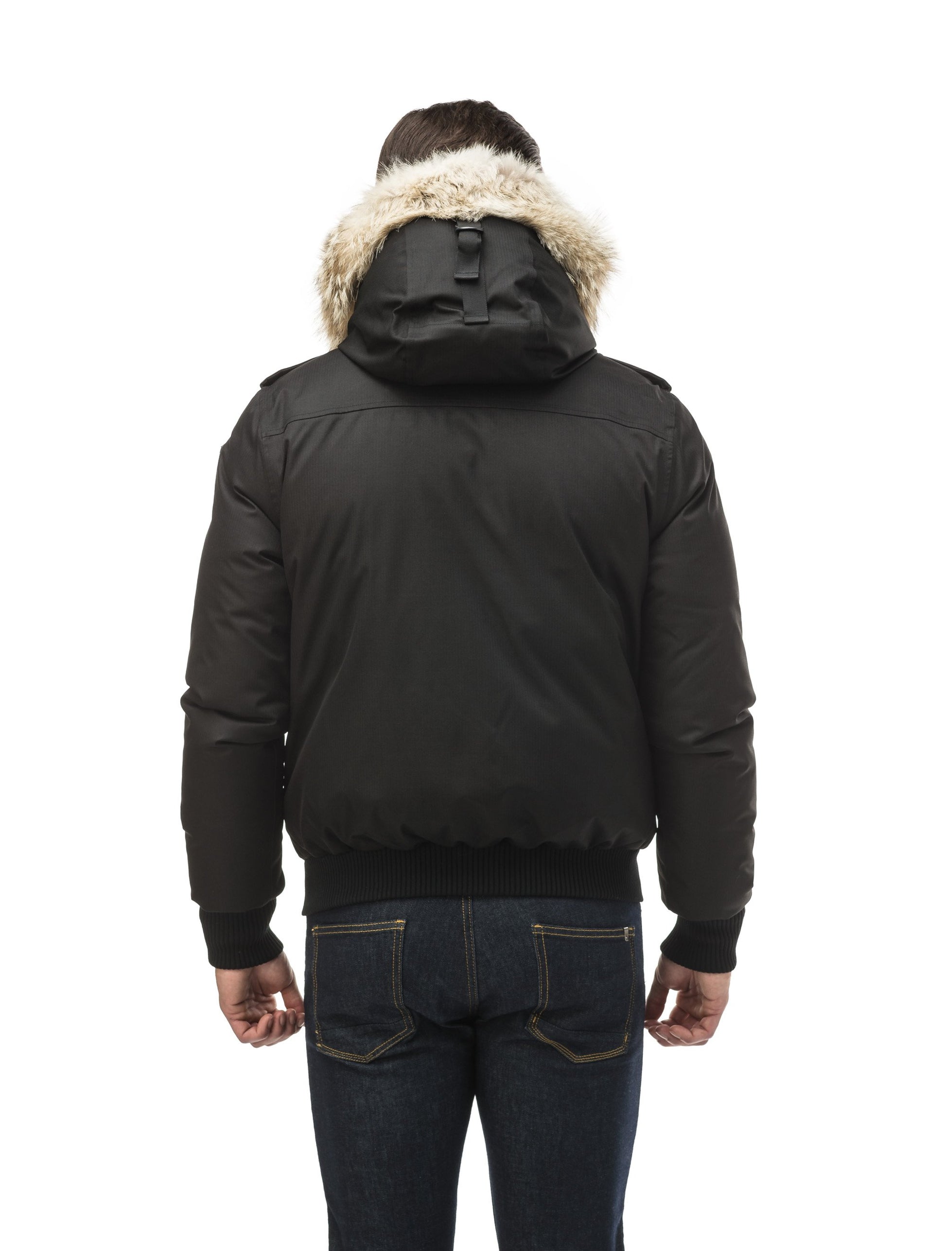Men's down filled bomber that sits just above the hips with a completely removable hood that's windproof, waterproof, and breathable in Black