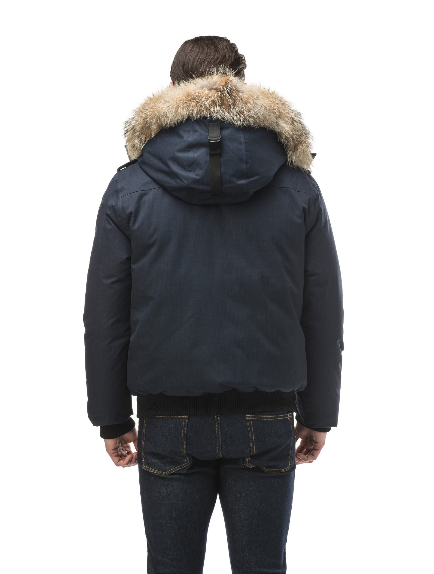 Men's down filled bomber that sits just above the hips with a completely removable hood that's windproof, waterproof, and breathable in CH Light Grey