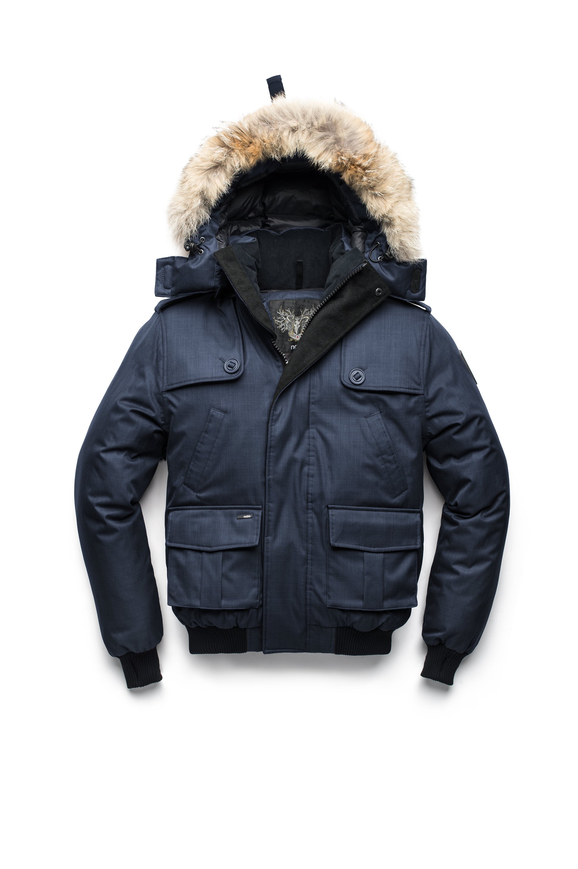 Men's down filled bomber that sits just above the hips with a completely removable hood that's windproof, waterproof, and breathable in CH Light Grey