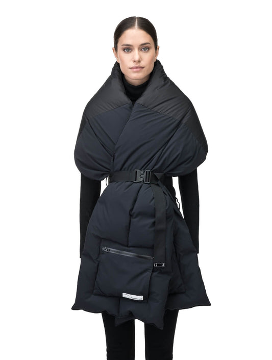 Chroma Unisex Oversized Puffer Scarf in stretch ripstop and taffeta nylon in a quilted pattern, Canadian White Duck Down insulation, cobra buckle belt with webbing strap, and large zipper pocket at scarf end, in Black