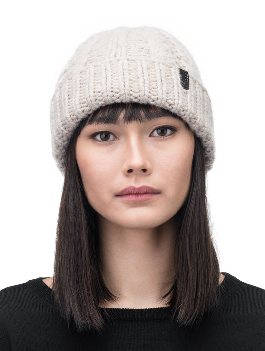 Dew Unisex Cable Knit Beanie in superfine merino wool and cashmere, and nobis leather label at cuff, in Khaki