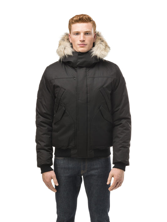 Men's classic down filled bomber jacket with a down filled hood that features a removable coyote fur trim and concealed moldable framing wire in Black