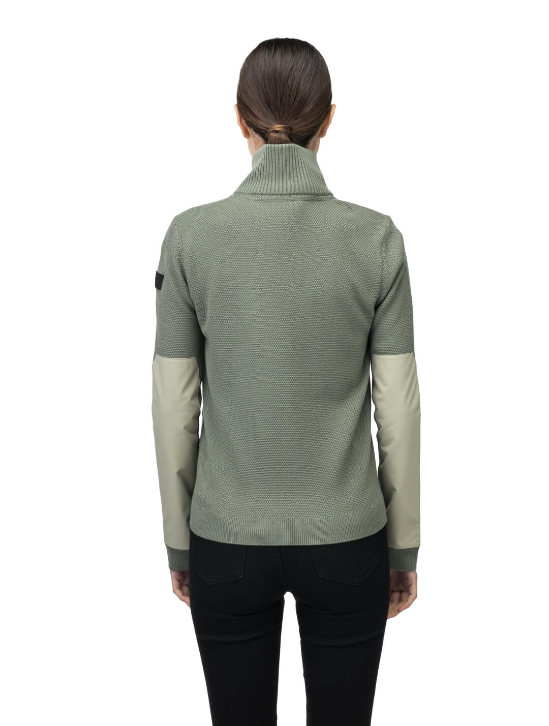 Evo Ladies Performance Full Zip Sweater in hip length, Primaloft Gold Insulation Active+, Merion wool knit collar, sleeves, back, and cuffs, two-way front zipper, and hidden waist pockets, in Clover