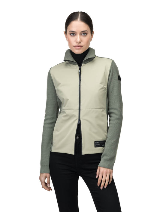 Evo Ladies Performance Full Zip Sweater in hip length, Primaloft Gold Insulation Active+, Merion wool knit collar, sleeves, back, and cuffs, two-way front zipper, and hidden waist pockets, in Clover