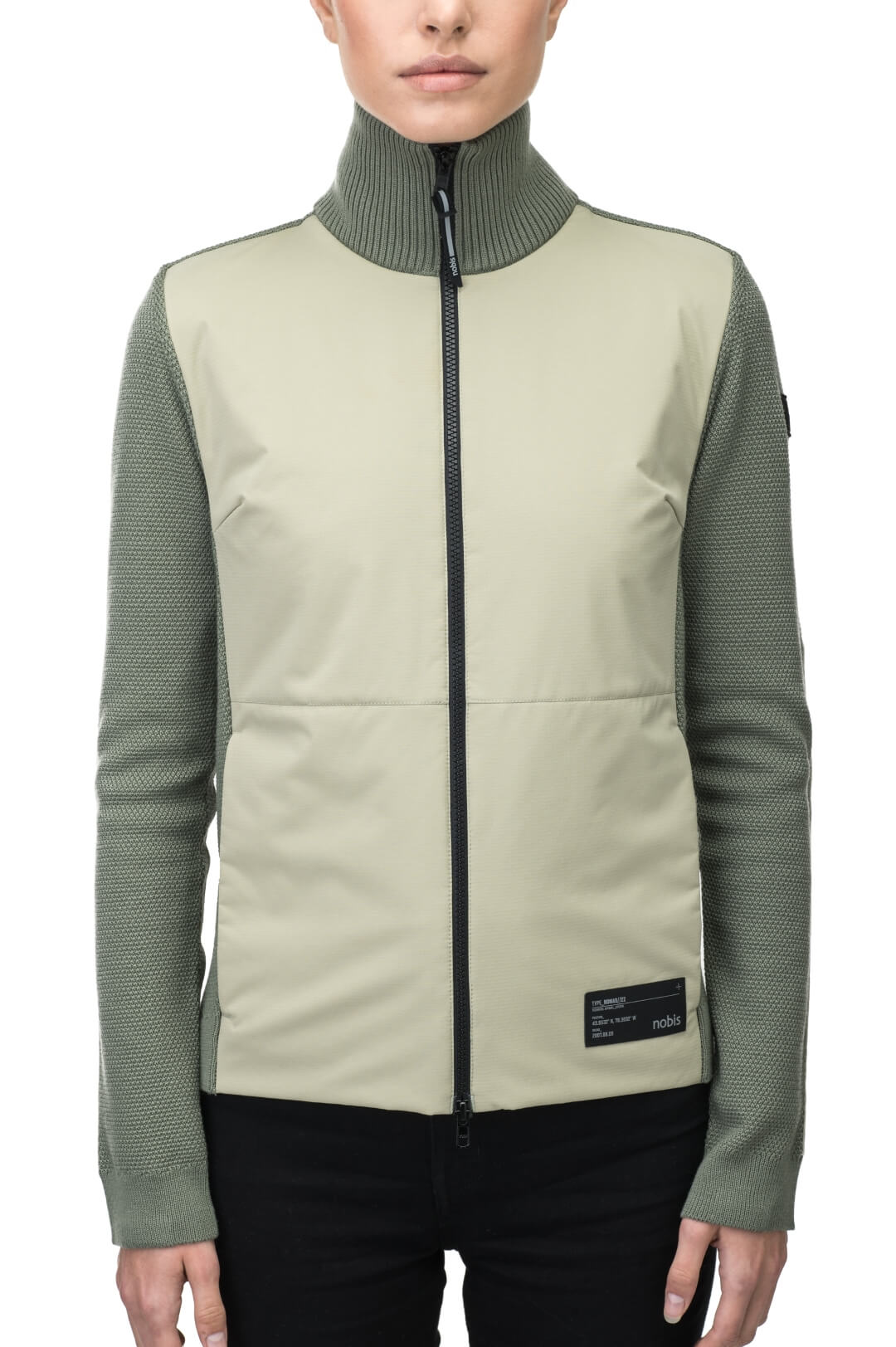 Evo Ladies Performance Full Zip Sweater in hip length, Primaloft Gold Insulation Active+, Merion wool knit collar, sleeves, back, and cuffs, two-way front zipper, and hidden waist pockets, in Clover