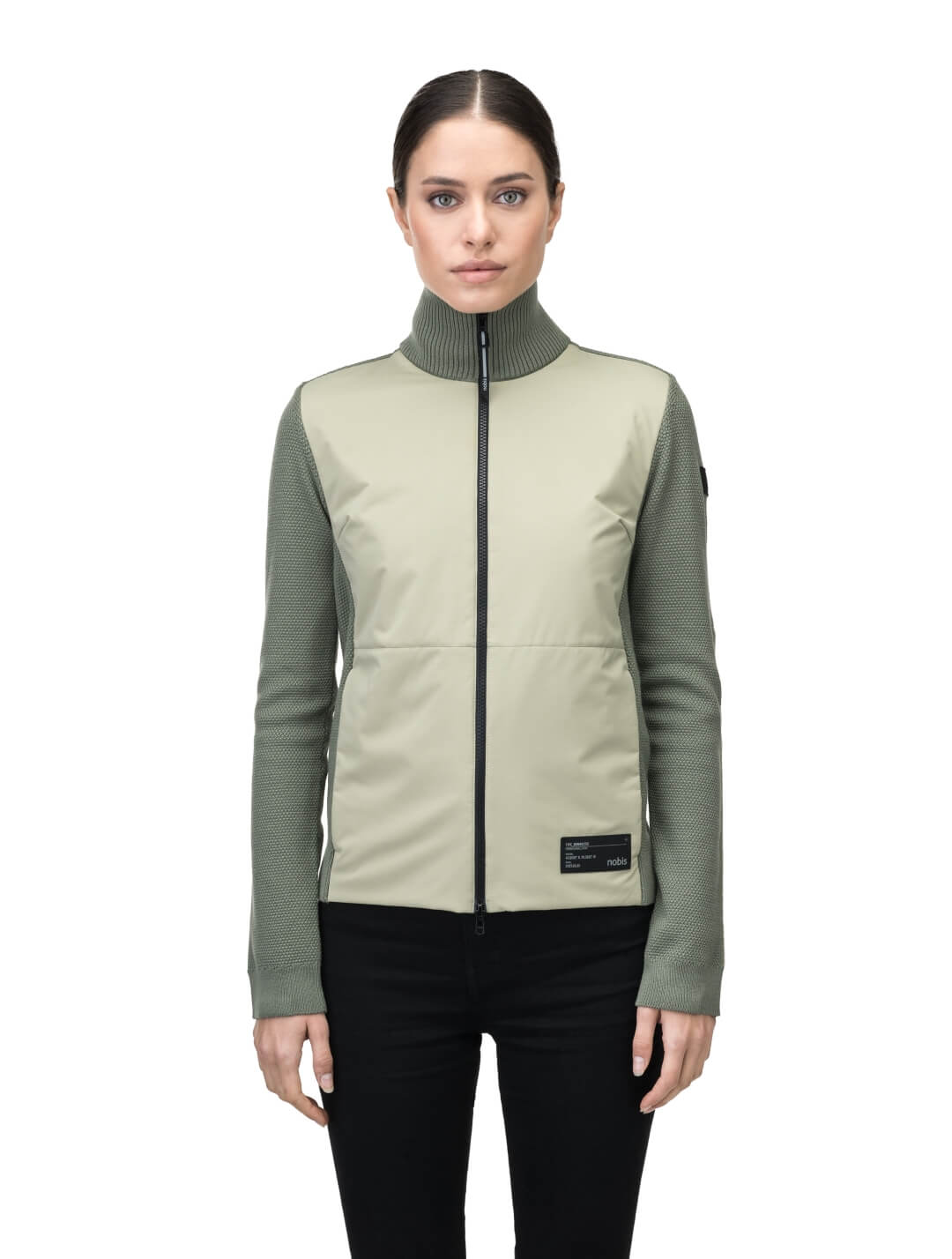 Evo Ladies Performance Full Zip Sweater in hip length, Primaloft Gold Insulation Active+, Merion wool knit collar, sleeves, back, and cuffs, two-way front zipper, and hidden waist pockets, in Clover