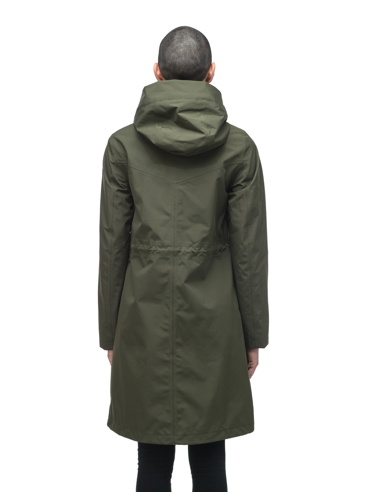 Women's knee length anorak with four front pockets and adjustable cord waist in Fatigue