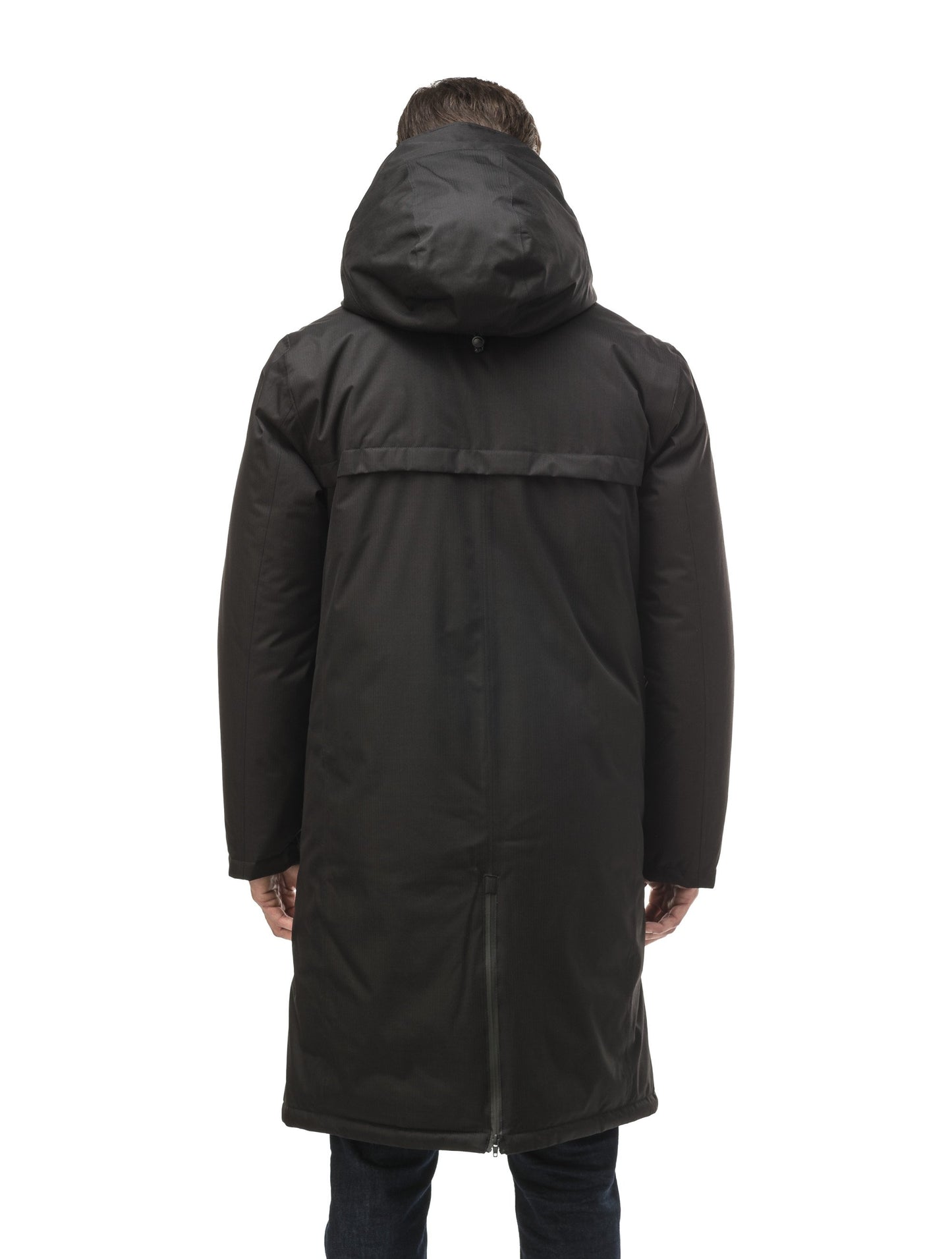 Long men's calf length parka with down fill and exposed zipper that features spacious pockets and zippered vents in Black