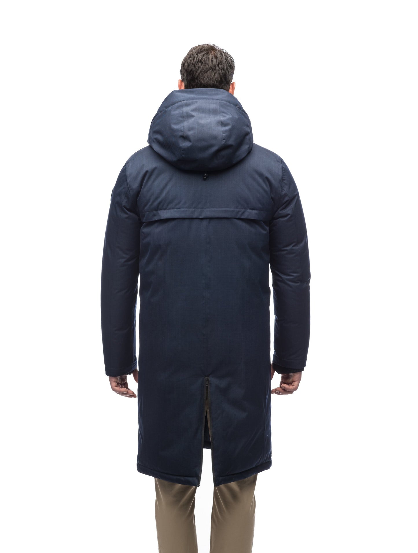 Long men's calf length parka with down fill and exposed zipper that features spacious pockets and zippered vents in Navy