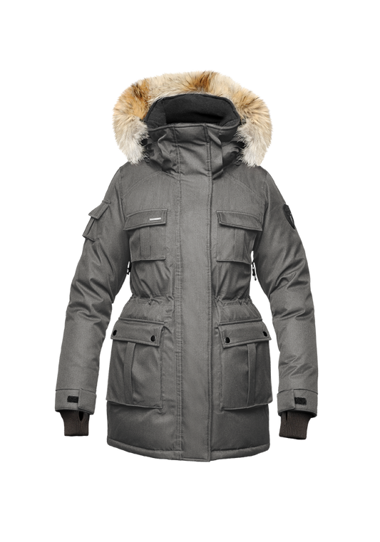 Kid's knee length parka with magnetized closure in CH Steel Grey