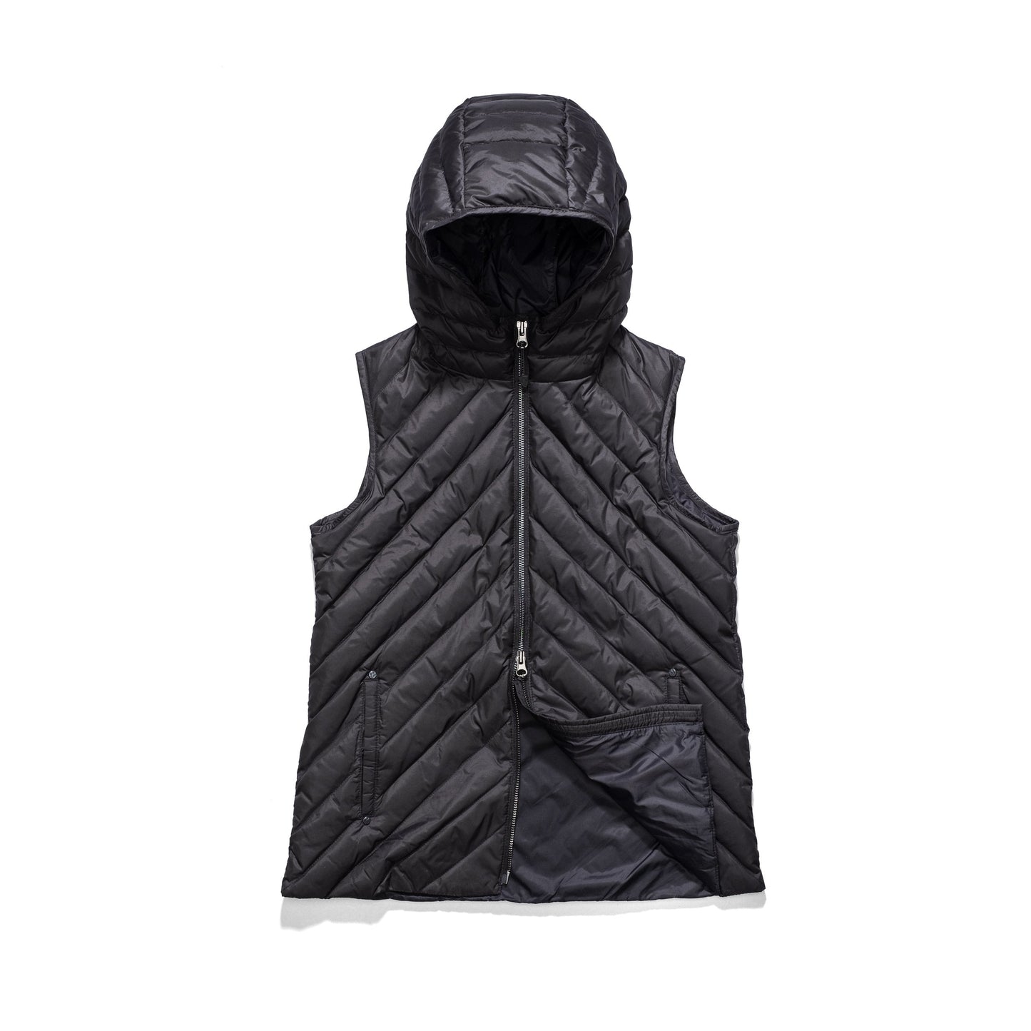 Women's down filled vest with diagonal quilting pattern throughout in Black