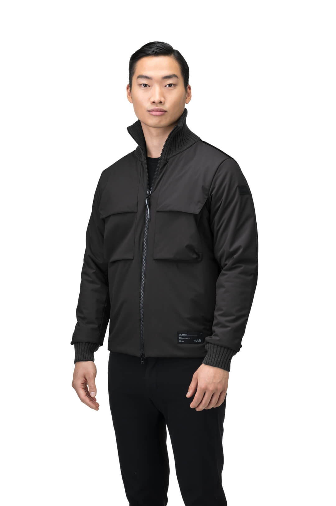 Layton Men's Tactical Hybrid Sweater in hip length, Primaloft Gold Insulation Active+, Merion wool knit collar, sleeves, back, and cuffs, two-way front zipper, and pockets at chest and waist, in Black