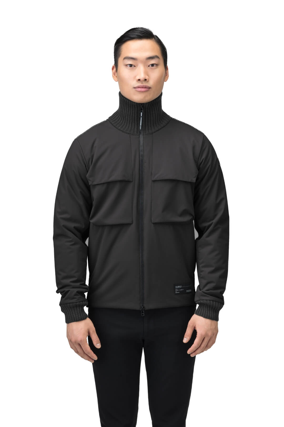 Layton Men's Tactical Hybrid Sweater in hip length, Primaloft Gold Insulation Active+, Merion wool knit collar, sleeves, back, and cuffs, two-way front zipper, and pockets at chest and waist, in Black