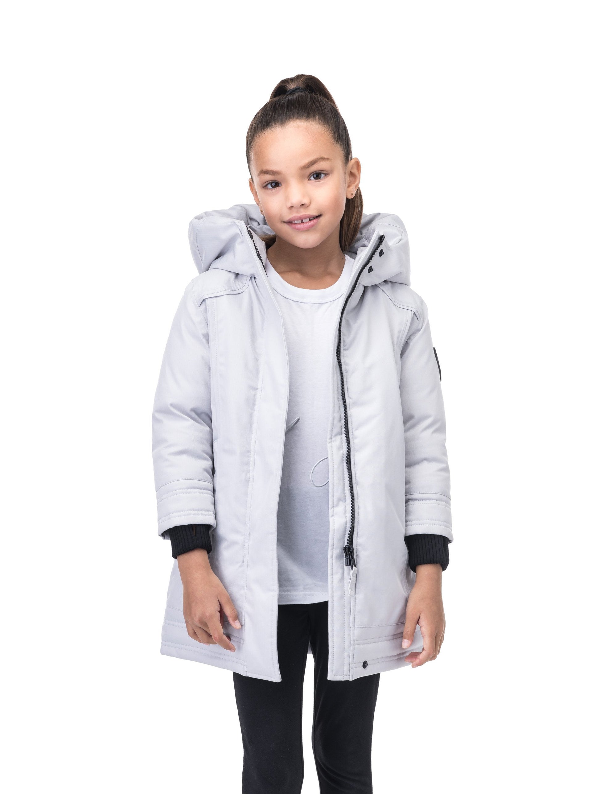Kid's knee length down coat with fur free hood in Light Grey