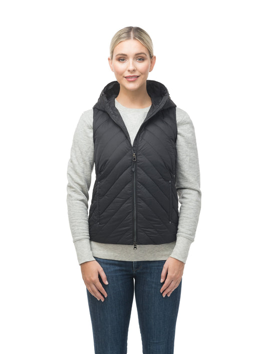 Women's down filled vest with diagonal quilting pattern throughout in Black